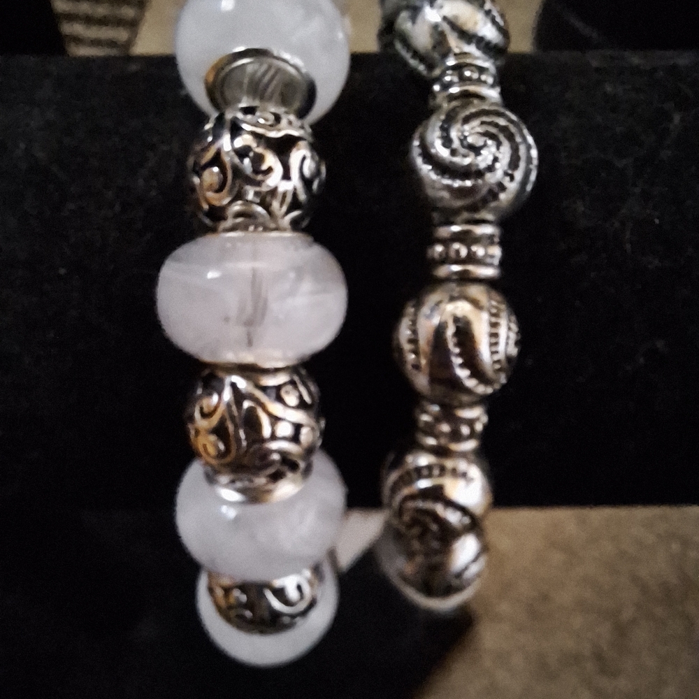 Elegant, Handmade, Silver and White Beaded Bracelet Set
